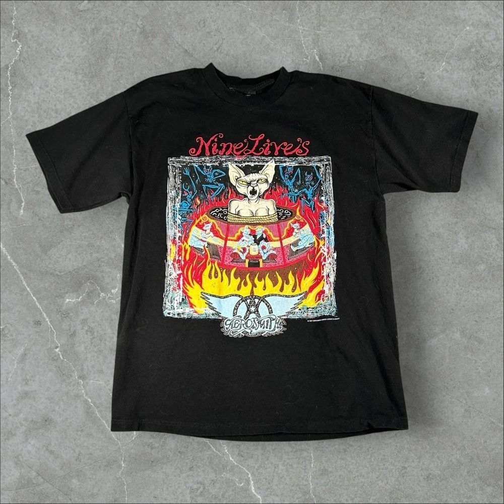 Vintage Aerosmith Shirt Men Medium Black 1997 Nine Lives Tour Band Tee Giant 90s